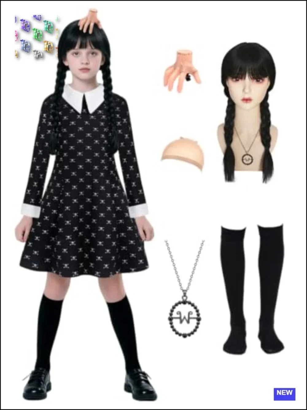 Girls Halloween Costume Princess Long Black Dress with Wig & Accessories